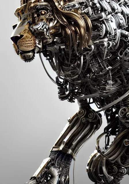 Prompt: complex 3 d render hyper detail portrait of a mechanical lion human cyborg, sci fi, full body, intricate, art by kazuhiko nakamura and hajime sorayama, 8 k octane detailed render, post - processing, extremely hyperdetailed, intricate futuristic mechanic parts, maya, dark background, sharp focus, blender, cinematic lighting + masterpiece, trending on artstation