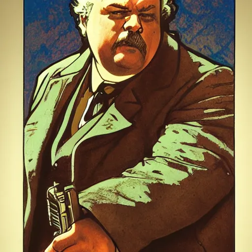 Image similar to gk chesterton as a hero with muscles and a shotgun. portrait by james gurney and craig mullins and alphonso mucha. realistic face. expressive face.