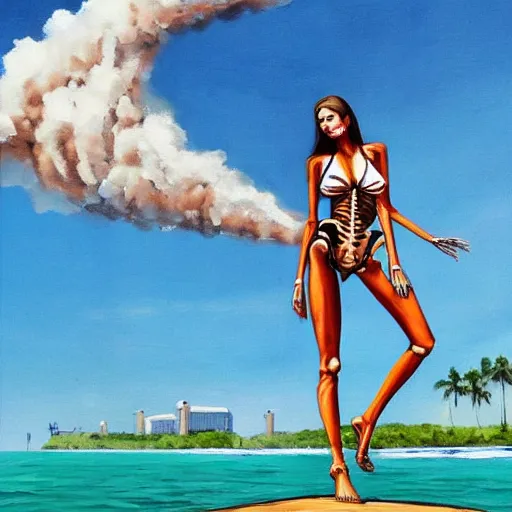 Image similar to Professional painting of anatomically correct skeleton in bikini walks along the beach, big nuclear bomb explosion in the background, trending on Artstation, realistic, ultra detail