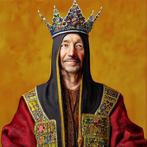 Prompt: “ an oil painting portrait of a hakerman wearing medieval royal robe and an ornate crown on a dark background ” digital art, concept art, highly detailed, 3 - d 4 k, trending on art station, award winning, mark brooks,