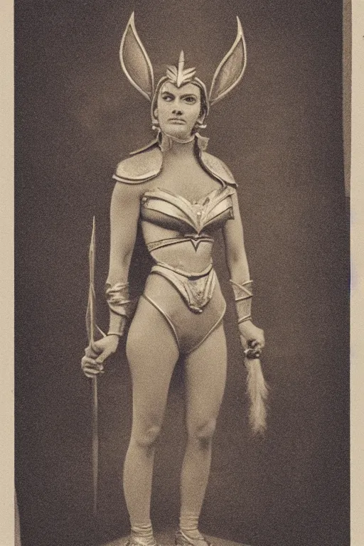 Image similar to she - ra, portrait, full body, symmetrical features, silver iodide, 1 8 8 0 photograph, sepia tone, aged paper, master prime lenses, cinematic