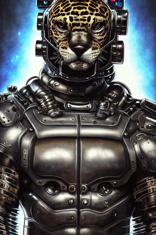 Image similar to a portrait of a muscular anthropomorphic cyberpunk jaguar in spacesuit armor with ensignia on chest plate by sandra chevrier, by jon foster, detailed render, post - processing, extremely hyperdetailed, intricate, epic composition, cybernetics, 4 k realistic, cryengine, realistic shaded lighting, sharp focus, masterpiece, by enki bilal