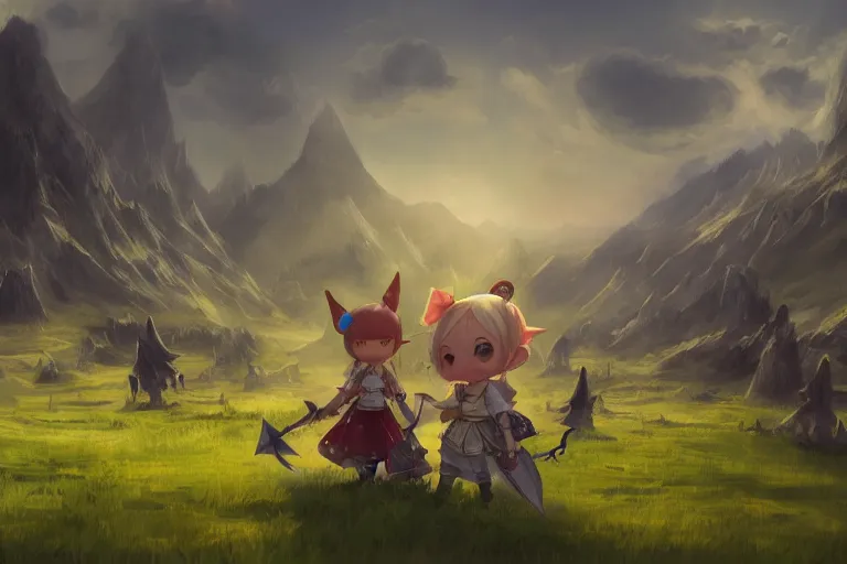 Prompt: Award-winning artstationhq, cloud fanart fantasy ff14 grass grassland sky finalfantasyxiv finalfantasy14 lalafell digitalart digitalillustration digitalpainting finalfantasy flag illustration pigeon sunnyday