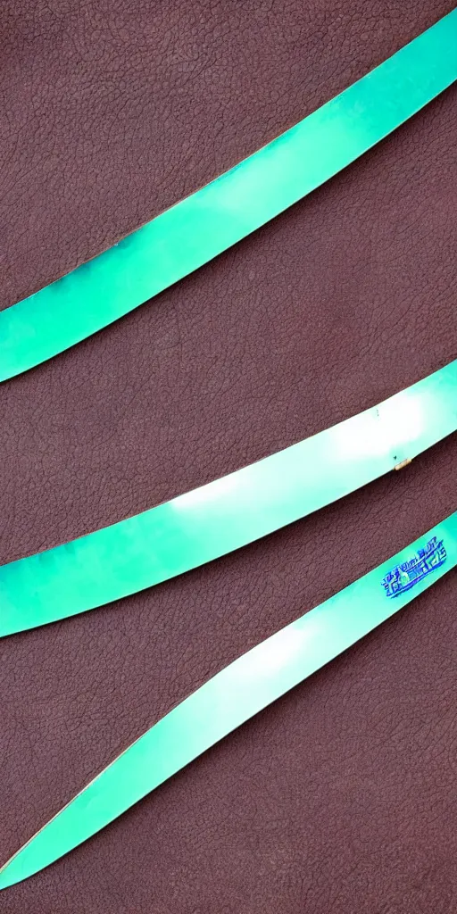 Image similar to photograph of a wide green and teal crystal sword blade attached to a big gold sword hilt