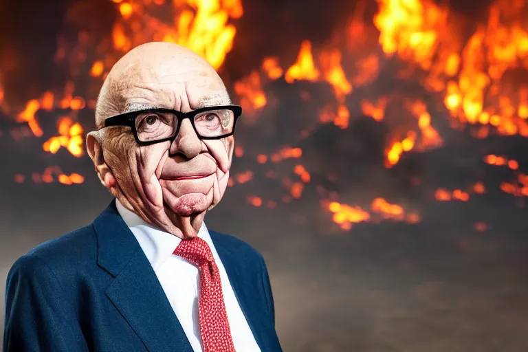 Prompt: Rupert Murdoch wearing glasses and makeup like The Joker!, standing in hell surrounded by fire and flames and brimstone, portrait photography, depth of field, bokeh