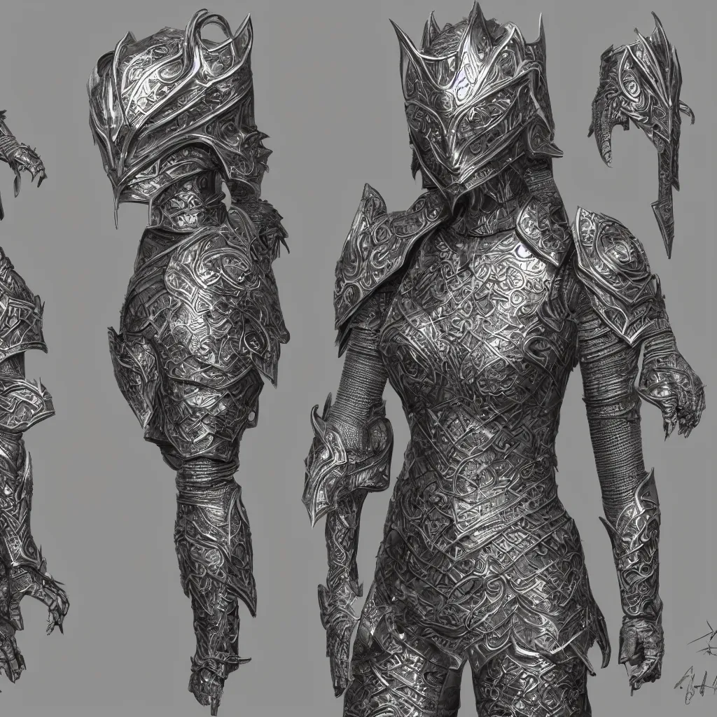 Image similar to concept layout of 3 d rendered full suit of decorative female armor, filigree, lord of the rings, elder scrolls, detailed, art station, unreal engine