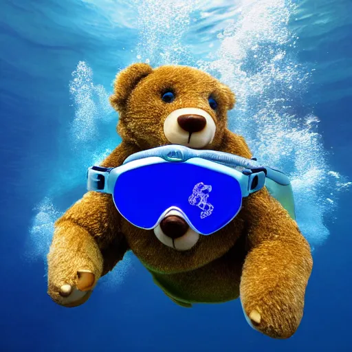 Image similar to Anthropomorphic teddy bears with goggles swimming underwater near the ocean floor, 4k, award winning photo, highly detailed