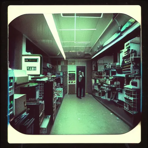 Image similar to “cyberpunk electronics department in 1980. Polaroid”