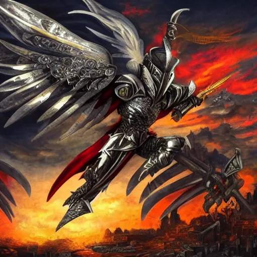 Image similar to a winged knight with epic edgy armor and weapons readying a blast of magic to destroy an entire town. 8K high resolution. Oil painting. High detail and beautiful colors.