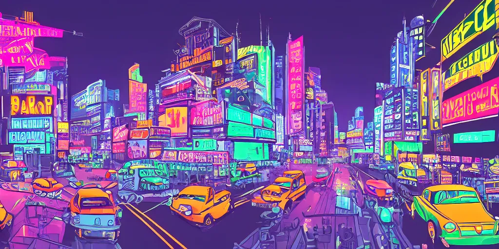 Prompt: cityscape covered with neon billboards and dark streets, cartoon