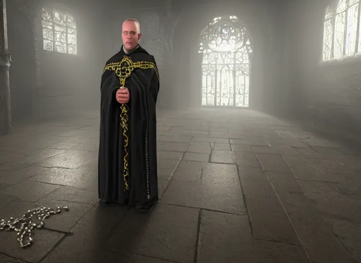 Image similar to a highly realistic and detailed full Priest standing in a dark dirty basement holding a rosary, wide angle 70mm lens, volumetric haze, front facing camera, symmetrical, photorealistic, insanely detailed and intricate, epic, hyper realistic, elegant, ornate, elite, horror, creepy, ominous, haunting, cinematic lighting, unreal engine, cinematic centered camera, high detail, no blur, unreal engine 8k