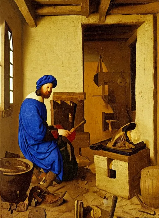 Image similar to A bald blacksmith, with a long dark beard in a forge, medieval forge, medieval painting by Jan van Eyck, Johannes Vermeer, Florence