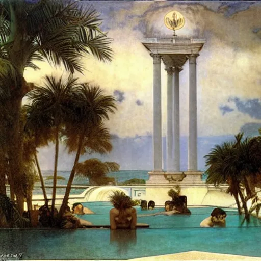 Image similar to The giant column, thunderstorm, greek pool, beach and palm trees on the background major arcana sky, by paul delaroche, alphonse mucha and arnold böcklin arnold böcklin hyperrealistic 8k, very detailed