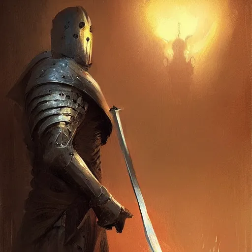 Image similar to a knight with sword and fork in hands by greg rutkowski