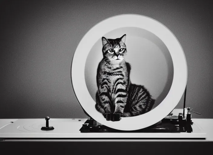 Image similar to photography of a Cat sitting on a record player. in a room full of posters, photorealistic, raining award winning photo, 100mm, sharp, high res