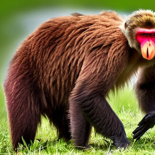 Image similar to monkey-flamingo hybrid in battle armor fighting a grizzly bear