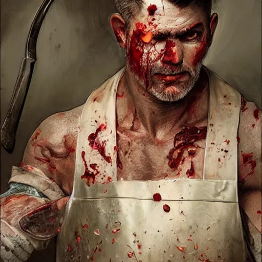Image similar to portrait painting of a bloodied male butcher with with apron and cleaver, ultra realistic, concept art, intricate details, eerie, highly detailed, photorealistic, octane render, 8 k, unreal engine. art by artgerm and greg rutkowski and alphonse mucha