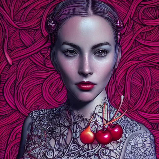 Image similar to the portrait of an incredibly beautiful woman partially made of onions and cherries, an ultrafine detailed illustration by james jean, final fantasy, intricate linework, bright colors, behance contest winner, vanitas, angular, altermodern, unreal engine 5 highly rendered, global illumination, radiant light, detailed and intricate environment