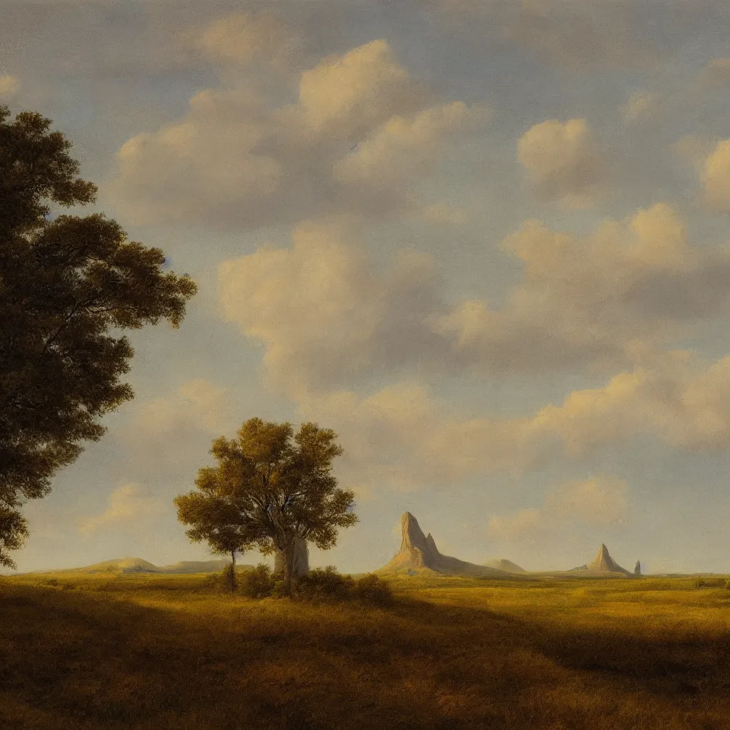 Image similar to a wide angle landscape of a prairie with a very large thin spire mountain in the distance in the style of rococo digital painting