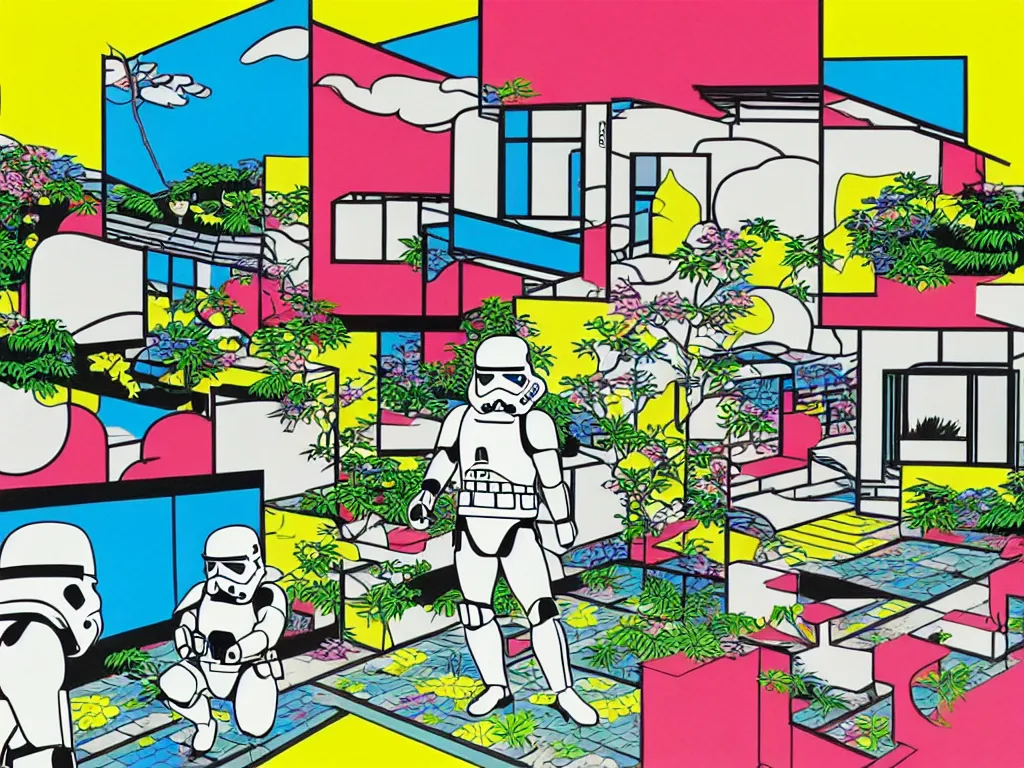 Image similar to hyperrealistic composition of the japanese home with a garden, stormtrooper in hot springs, pop - art style, jacky tsai style, andy warhol style, roy lichtenstein style, pastel palette, acrylic on canvas