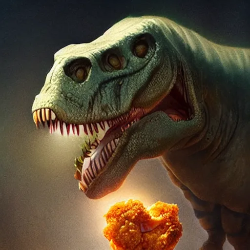 Image similar to portrait of a t-rex eating chicken nuggets,digital art,realistic,detailed,art by greg rutkowski