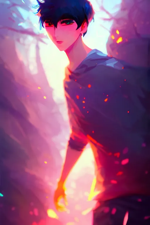 Prompt: a boy looks like meguro ren, blurred environment background, colorful magic effects, white skin, portrait, male, clothed, sharp focus, digital art, concept art, trending on artstation, dynamic lighting, by emylie boivin and rossdraws