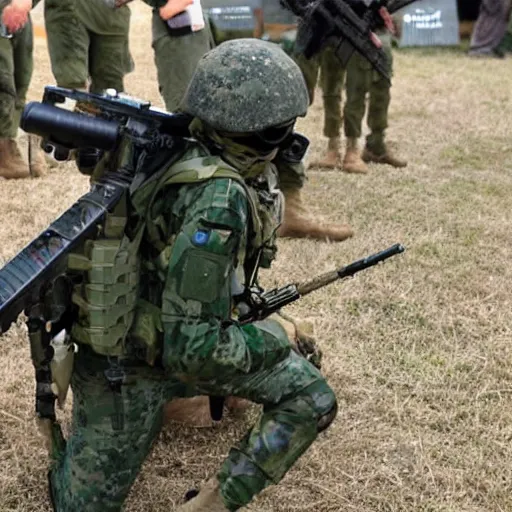 Prompt: a rare military frog equipped with rocket launcher and night vision target acquisition system, photo from innovative private military expo