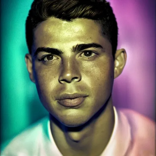 Image similar to portrait of ronaldo luis nazario de lima by yousuf karsh, holy halo, neon ambient lighting, high detail