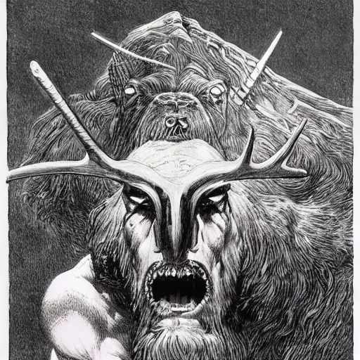 Prompt: hairy barbarian with moose head by wayne barlowe and joseph clement coll