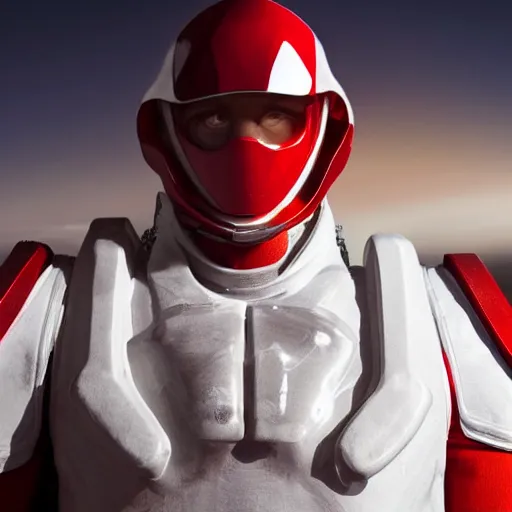 Image similar to headshot of a tall athletic muscular infantry man in glossy sleek white armor with tiny red details and a long red cape, heroic posture, strong jawline, on the surface of mars, night time, dramatic lighting, cinematic, sci-fi, hyperrealistic