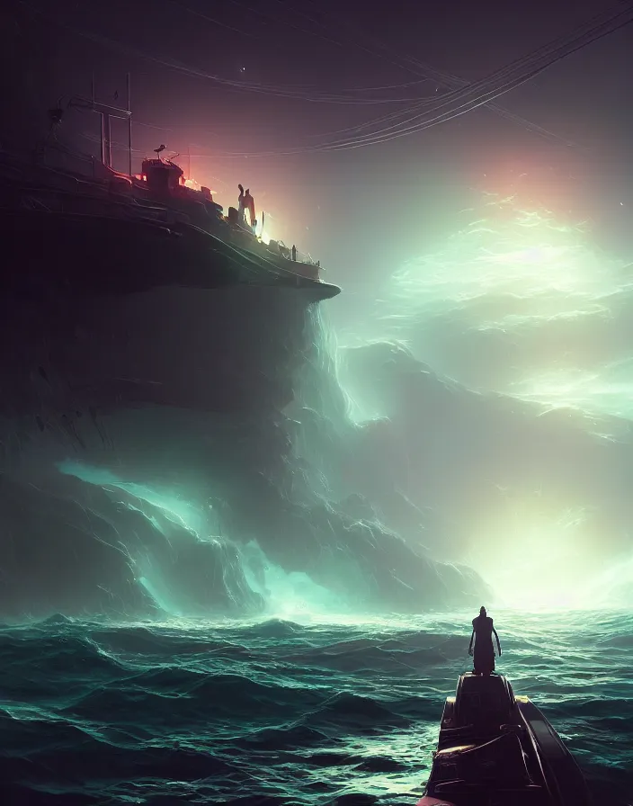 Prompt: All steam ahead, exploring the mysterious sea of the Metaverse full of glowing dangers, digital art, dark atmosphere by Marby Kwong, (((((((Makoto Shinkai Raphael Lacoste Martin Deschambault Finnian MacManus ArtStationhq IAMAG