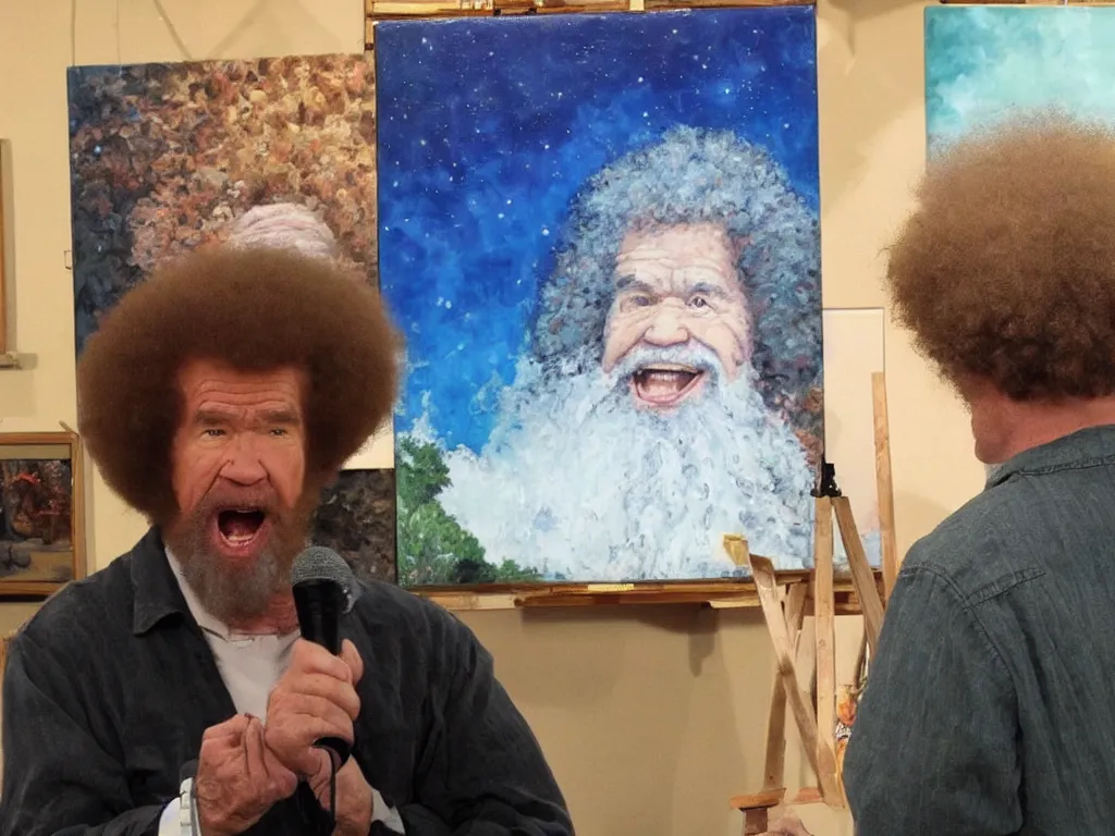 Image similar to old bob ross is sad and angry and yelling at a huge painting by bob ross