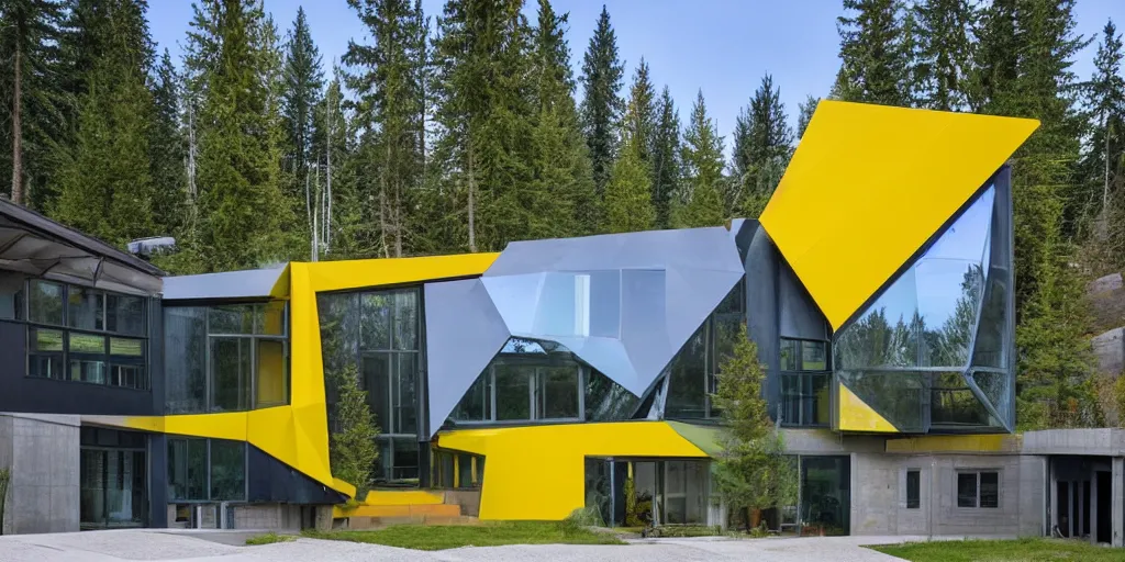 Prompt: large futuristic residence in Washington state, large windows, triangular elements, concrete, blue and yellow metal