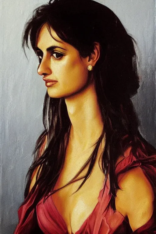 Image similar to oil painting, portrait of penelope cruz, artwork by caravaggio