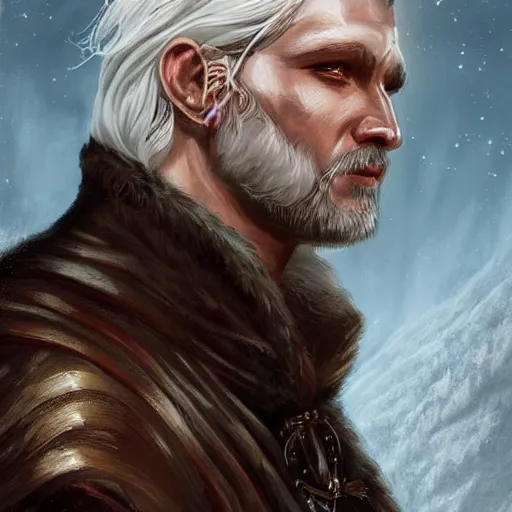 Prompt: Magnificent portrait of a Nordic God father with white hair, fantasy, medieval, highly detailed, Artstation