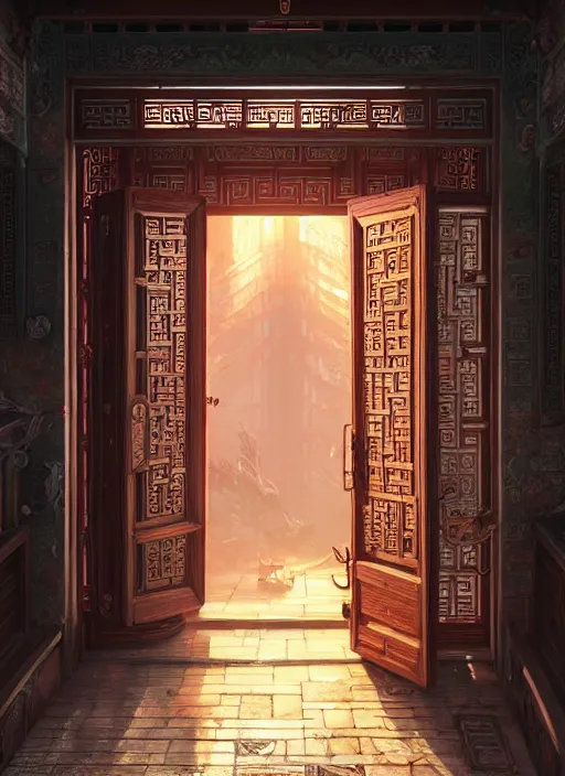 Image similar to Highly detailed chinese door, Stephen Bliss, unreal engine, fantasy art by Greg Rutkowski, Loish, Rhads, Makoto Shinkai and Lois van baarle, ilya kuvshinov, rossdraws, Tom Bagshaw, global illumination, radiant light, detailed and intricate environment