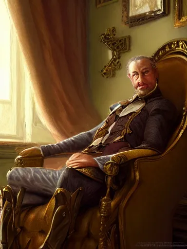 Image similar to a pleasured noble man siting in his armchair. intricate, elegant, highly detailed, digital painting, artstation, concept art, sharp focus, illustration, by justin gerard and artgerm, 8 k