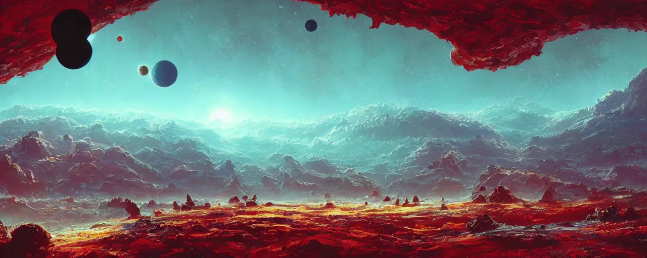 Image similar to ” outer planet landscape, [ cinematic, detailed, epic, widescreen, opening, establishing, mattepainting, photorealistic, realistic textures, octane render, art by paul lehr ] ”