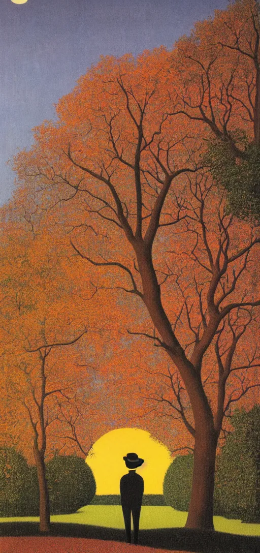 Image similar to Philosopher walking in the park on an Autumn day at sunset by Rene Magritte. Leaves falling. Shadows.