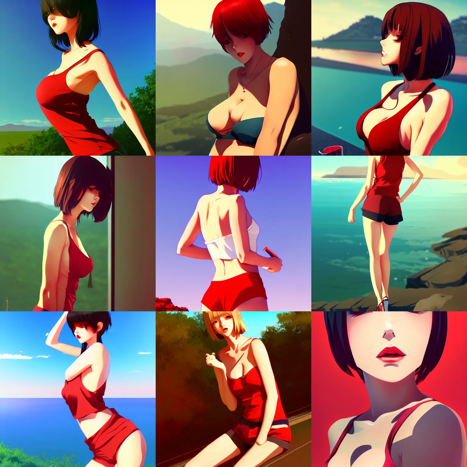 Prompt: sexy girl wearing a low cut tanktop and shorts, bending down slightly, hand on hips, luscious red lips, scenic view, in the style of ilya kuvshinov, 3 d, high definition anime art, gorgeous, sexy, curvacious