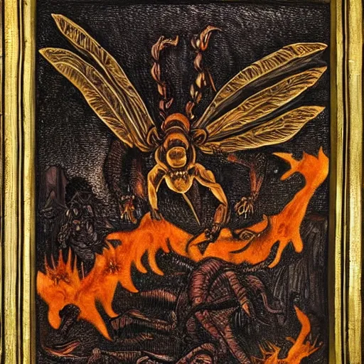 Image similar to hornet headed demon in a Dante’s inferno hellscape, molten, reflections, flames, shadows, intricate detail, famous painter,