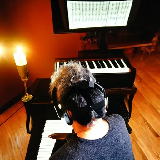 Image similar to beethoven composing at the piano, wearing a vr headset, dim lighting, dark room, candle light