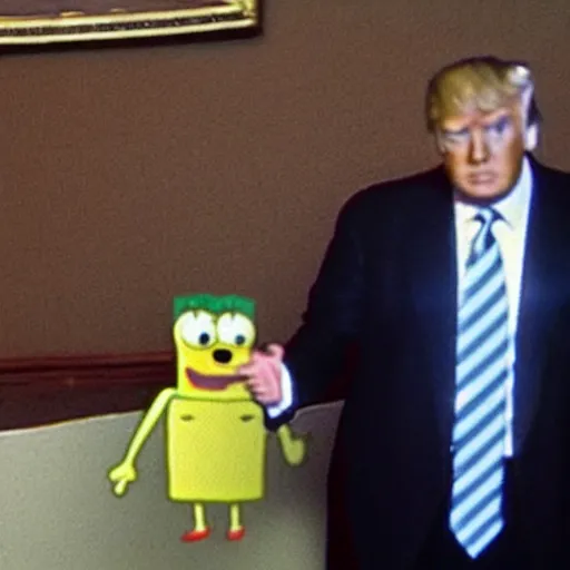 Image similar to cctv footage of spongebob meeting donald trump,