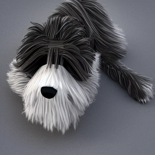 Image similar to robotic bearded collie that's a robot. naptime at kindergarten. digital art, 3 d render, comedy, science fiction, up!