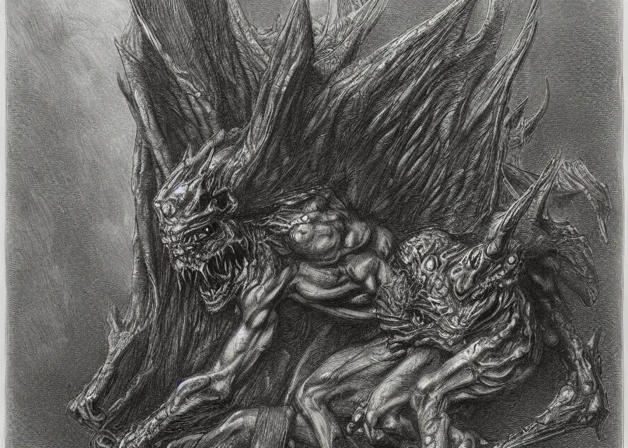 Image similar to gargoyle demon, pencil illustration by Gustave Dore