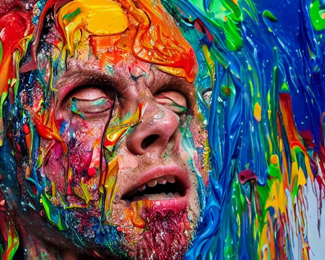 Prompt: still shot close up footage of the portrait of a human head exploding and disintegrating into acrylic pour and splashing paint and dripping paint, painful emotions, motion blur, hyperrealistic, medical, intricate art photography, anatomically correct, realistic crisp textures, 1 6 k