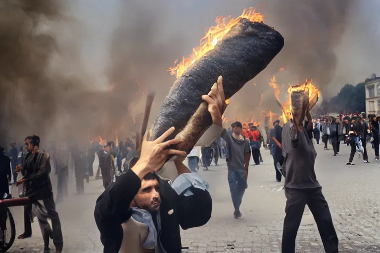 Image similar to closeup potrait of a man carrying baguettes over his head during a scorching fire in Paris, photograph, natural light, sharp, detailed face, magazine, press, photo, Steve McCurry, David Lazar, Canon, Nikon, focus