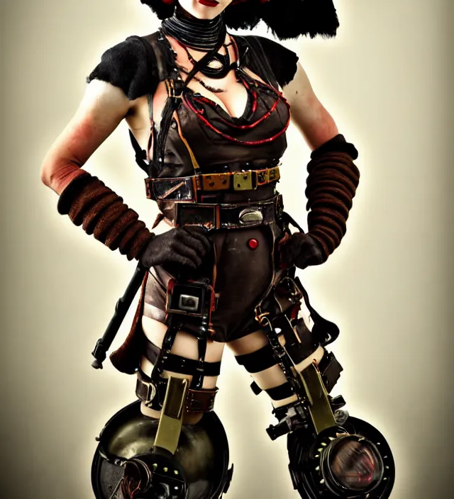 Image similar to full length photograph of a real - life very beautiful atompunk warrior. extremely detailed. dslr. 8 5 mm.