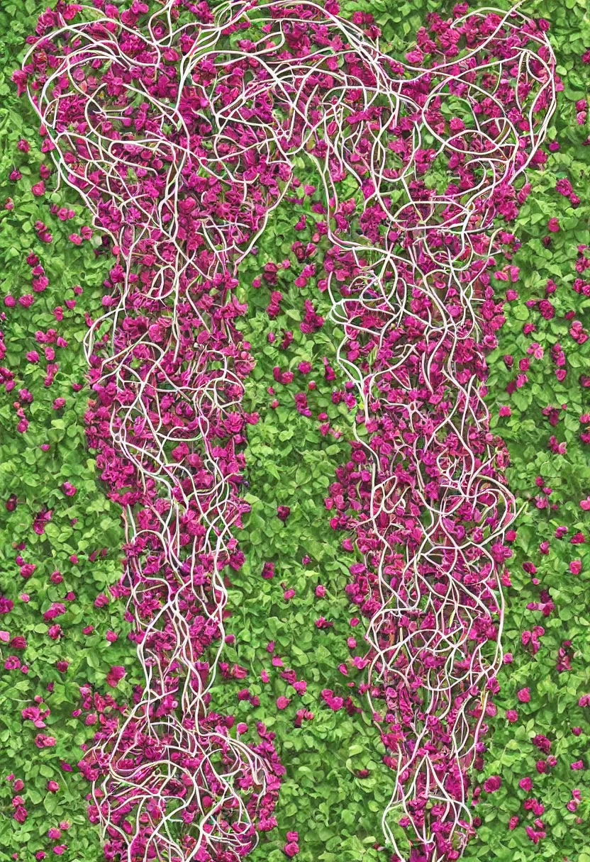 Prompt: human circulatory system, vines and flowers, no duplicate image, heart made of flowers, intricate details, beautiful, human body, tangled, birds, hugging people, heart, face, body, cg, 3 d, crazy