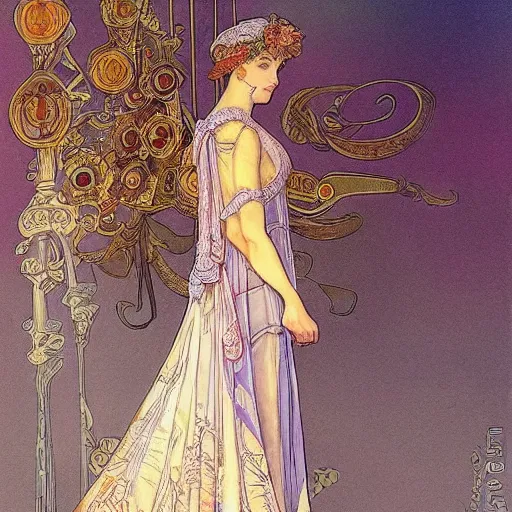 Image similar to president of belarus in beautiful dress. mucha style. epic composition. highly detailed.